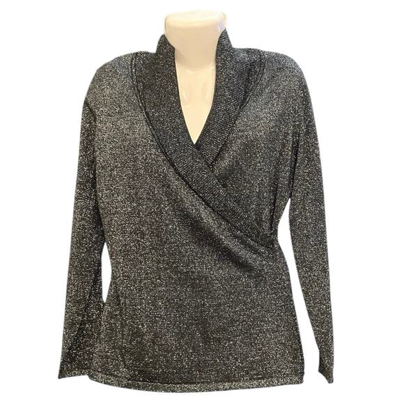 Reba Sweaters - Reba Women's Black/Silver Metallic Faux Wrap Long Sleeve Sweater Dressy SZ M